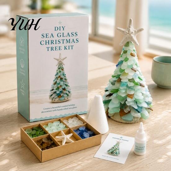 Ocean Inspired Holiday Ornaments DIY Sea Glass Christmas Tree Art Kit, 3D Coastal Xmas Craft Kit Beach Theme Home Decorations with Pieces, Handmade
