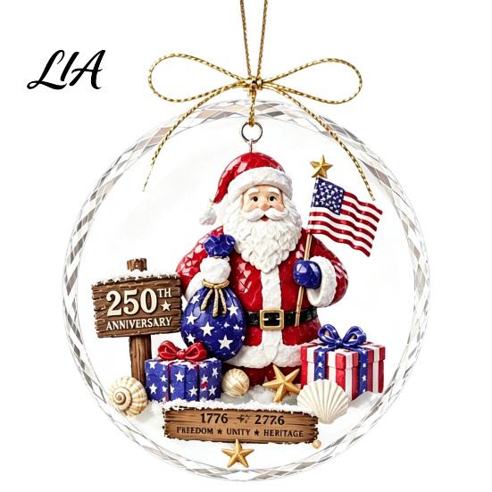 Vintage Christmas Party Supplies 250 Anniversary USA Sea Glass Ornament, 1776-2026 Patriotic Faux Crystal Holiday Season Ornament Clear Keepsake,