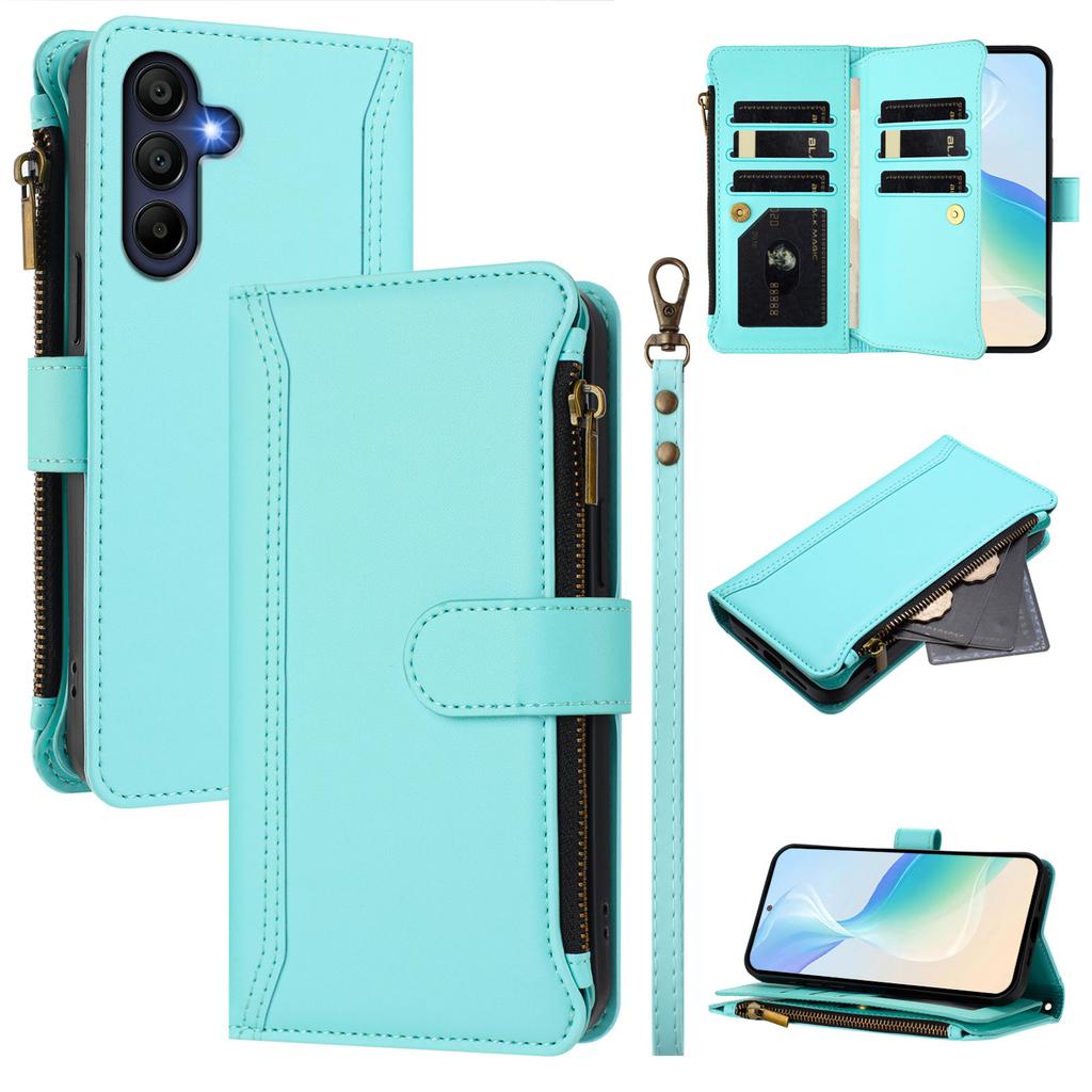 For Samsung Galaxy A26 5G Leather Case 9 Card Slots Zipper Wallet Stand Phone Cover with Wrist Strap