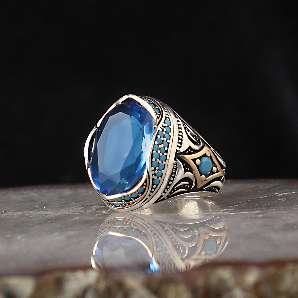 925 Ayar Gümüş Erkekler İçin Özel Kesim Mavi Topaz 925 Sterling Silver Man Ring