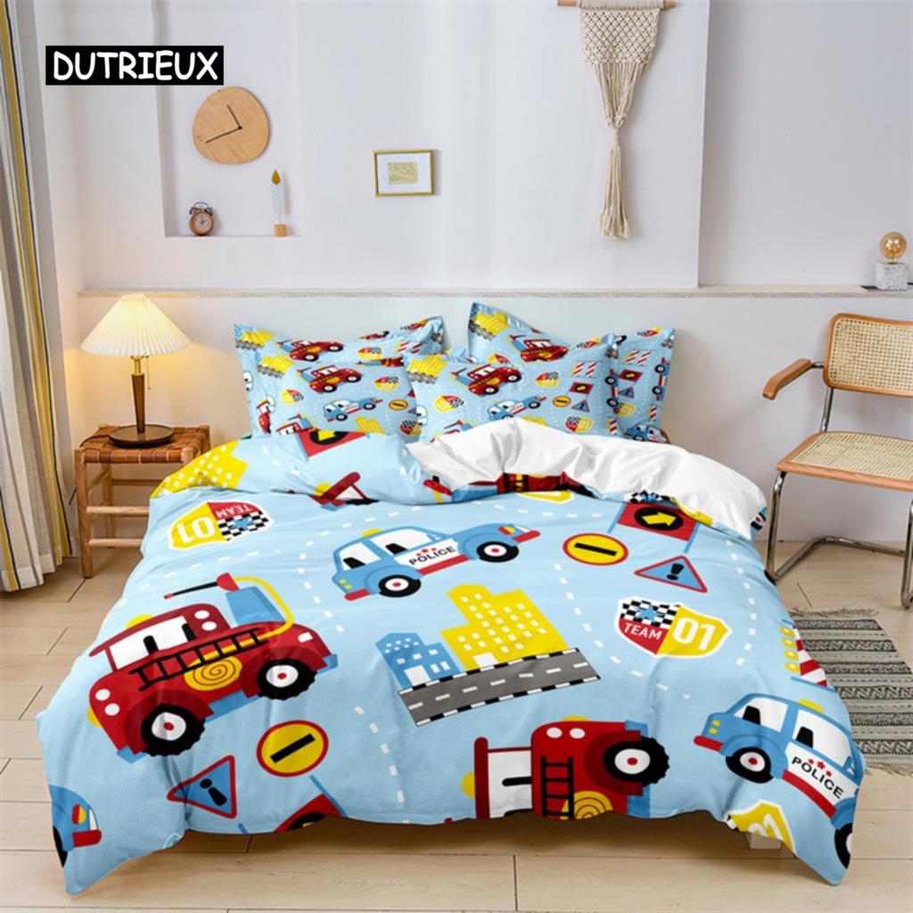 Пододеяльник с изображением машинки из мультфильма для мальчиков, комплект постельного белья, строительная техника, покрывало для одеяла, детская мультяшная техника, грузовик, мягкий полиэстеровый декор