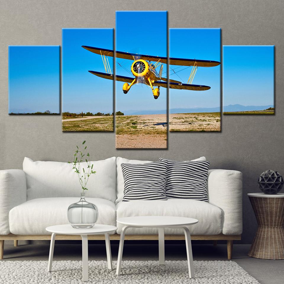 Canvas Painting yellow airplane flying in blue sky 5 Pieces Wall Art Painting Modular Wallpapers Poster Print Home Decor