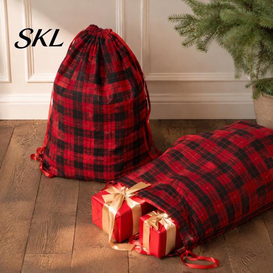 Christmas Gift Wrap Accessories Buffalo Plaid Bag, Reusable Drawstring Large Fabric Goodie Bags Holiday Wrapping Candy Sack for Xmas Presents