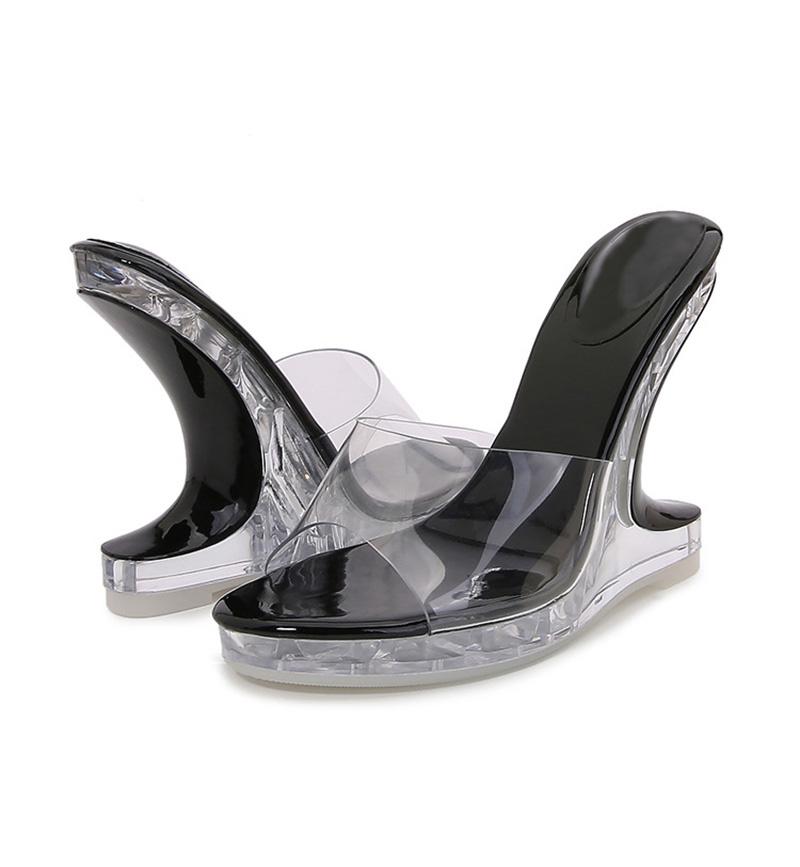 Liyke Fashion Chic Strange Клинья Тапочки для женщин Прозрачные высокие каблуки Летние открытые носки ПВХ Прозрачные туфли Сандалии на платформе