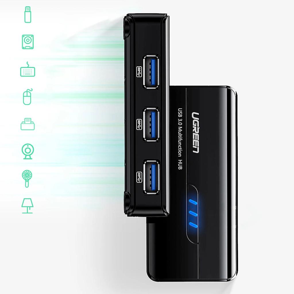 Ugreen 20265 USB-A / RJ45 1000 Мбит/с Хаб 3x USB 3.0 Сетевой адаптер - Черный