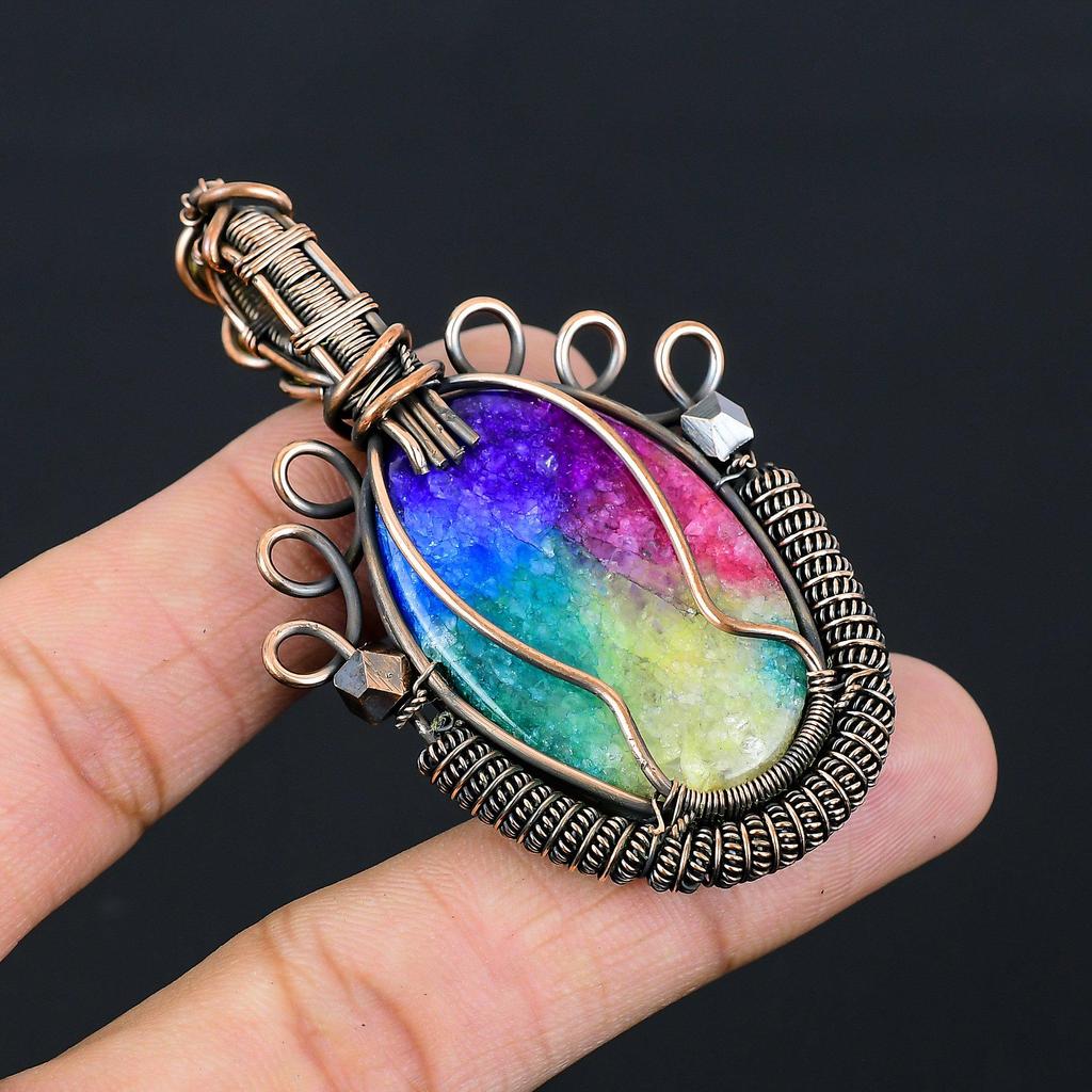 Rainbow Solar Quartz Gemstone Pure Copper Wire Wrapped Handmade Pendant Jewelry For Gift