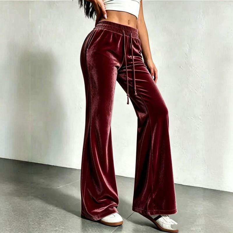 2026 Womens High Waist Drawstring Flared Trousers Casual Velvet Pants