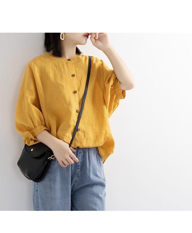 Women's Retro Cotton Linen Lantern Sleeve Blouse: Summer Mid-Sleeve, Loose Fit, Plus Size