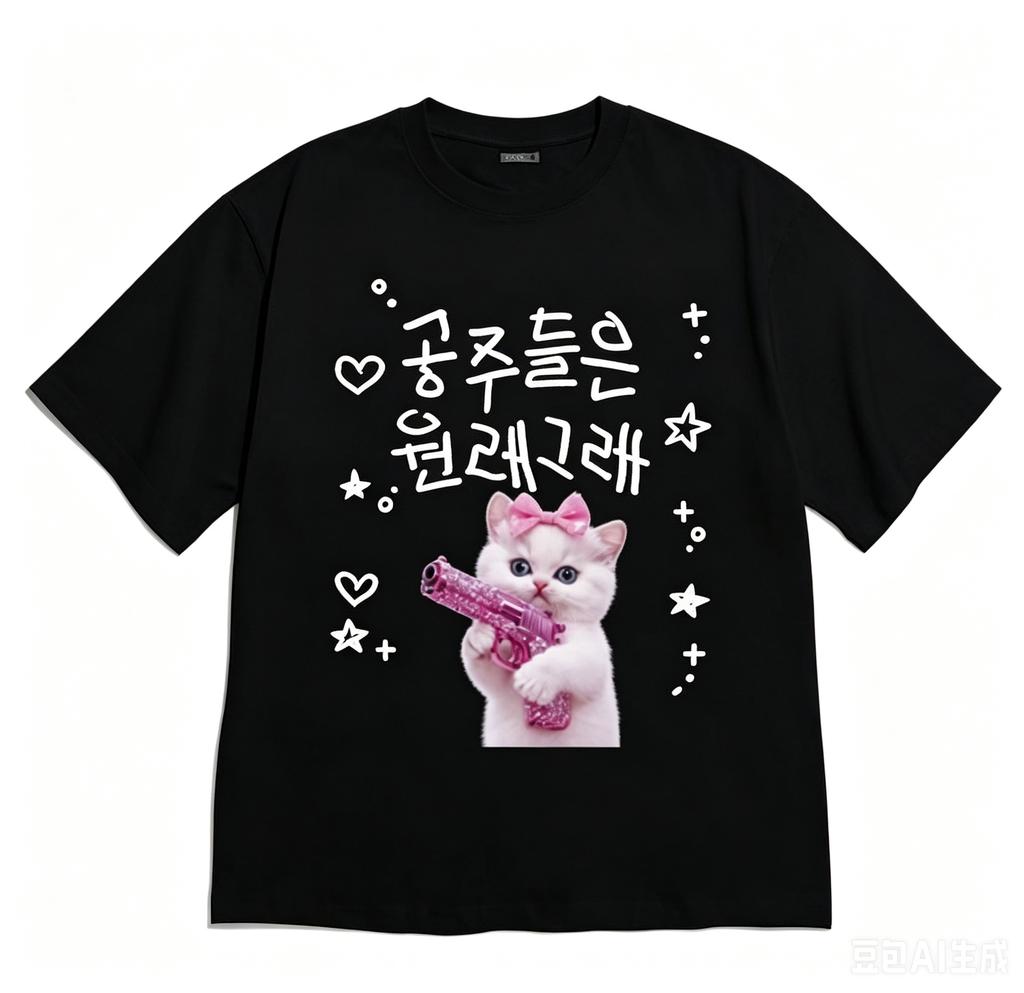 Korean Style Versatile Fashion Retro Cute Cat With Pink Gun Korean Text Graphic Casual Short Sleeve Tee White Aesthetic Clothes