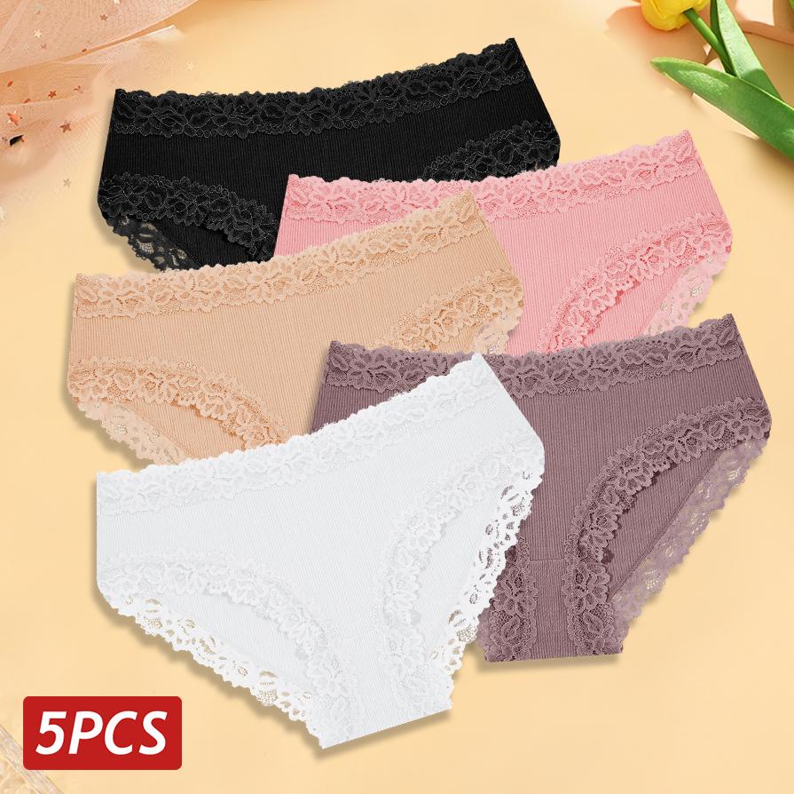 5PCS Cotton Panties Women Floral Lace Briefs Seamless Sexy Lingerie Low Rise Elastic Underpant Female Breathable Soft Underwear