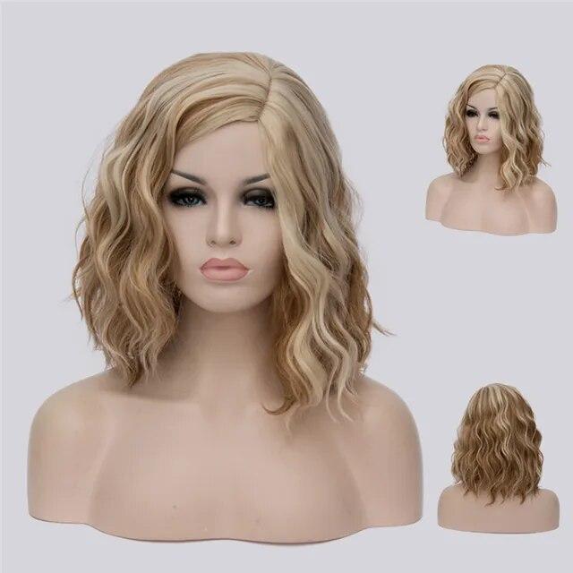 Вьющиеся парики для косплея для женщин, короткие синие, фиолетовые, розовые, зеленые, золотисто-желтые, боковая часть, термостойкое волокно, синтетические волосы