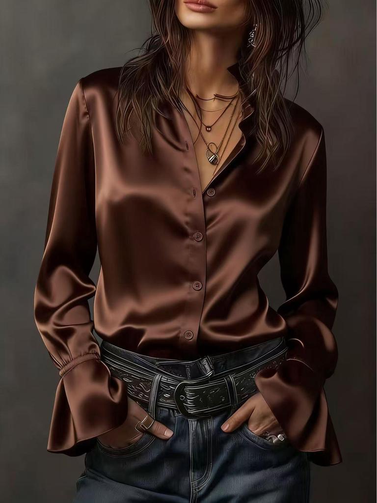 Элегантная женская рубашка с длинным рукавом из шелкового сатина
