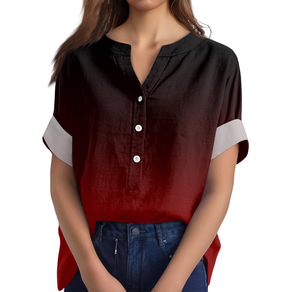 Женская хлопково-льняная футболка с круглым вырезом, коротким рукавом и пуговицами, футболка с принтом