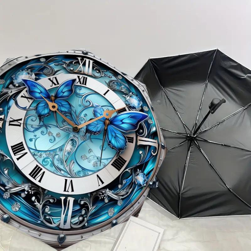1pc Blue Butterfly Clock Design Umbrella with Plastic Handle,Suitable for All Seasons Home Travel Outdoor UmbrellaDD157