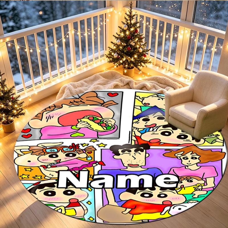 Custom Name Personalized Crayon Shin Print Round Rug, Versatile Home Decor Carpet, for Playroom, Apartment, Balcony, Entryway, Hallway Gift