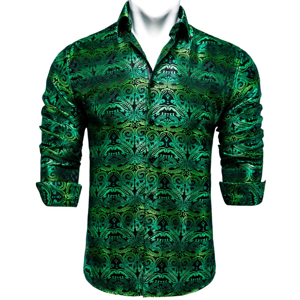 Men's Silk Shirt Button Down Dress Shirts Paisley Long Sleeve Shirts Formal Work Casual