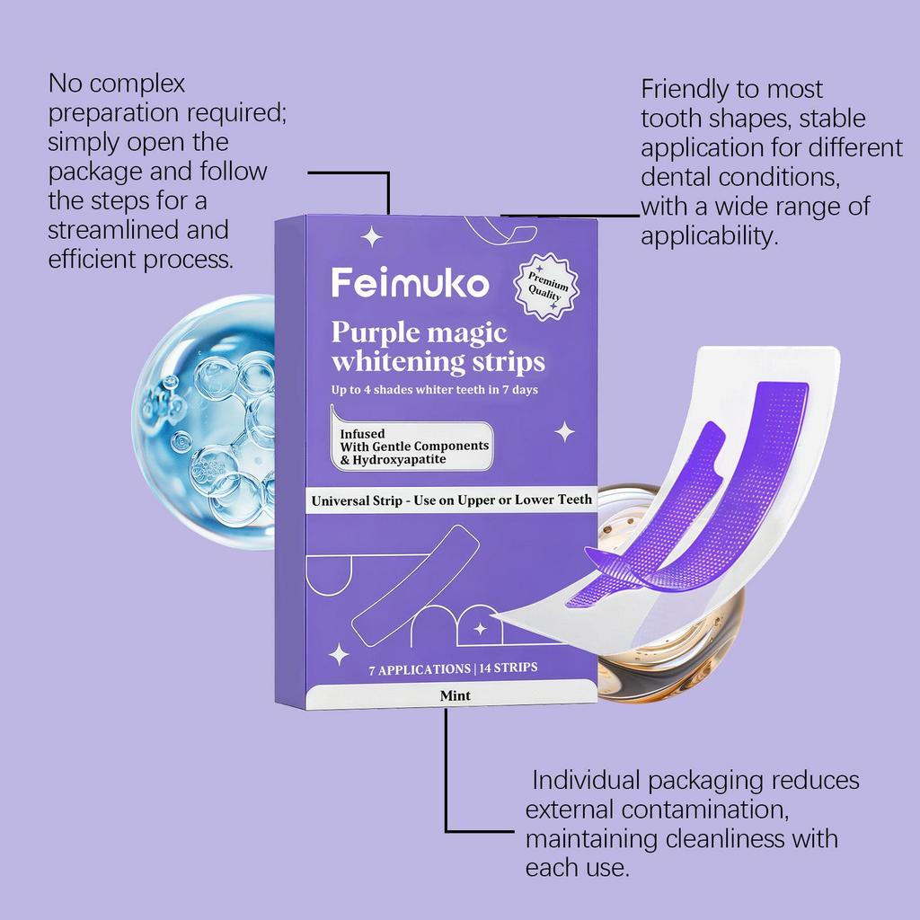 Feimuko Фиолетовые полоски для отбеливания зубов с мятой - Мягкие, Не вызывают раздражения, Незаметно прилегают