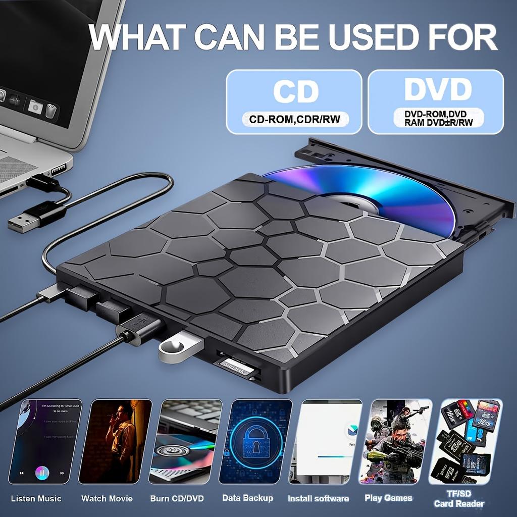 Внешний DVD-привод USB 3.0 8-в-1 с картридером и USB-хабом - Тонкий портативный для ноутбуков Windows/Mac