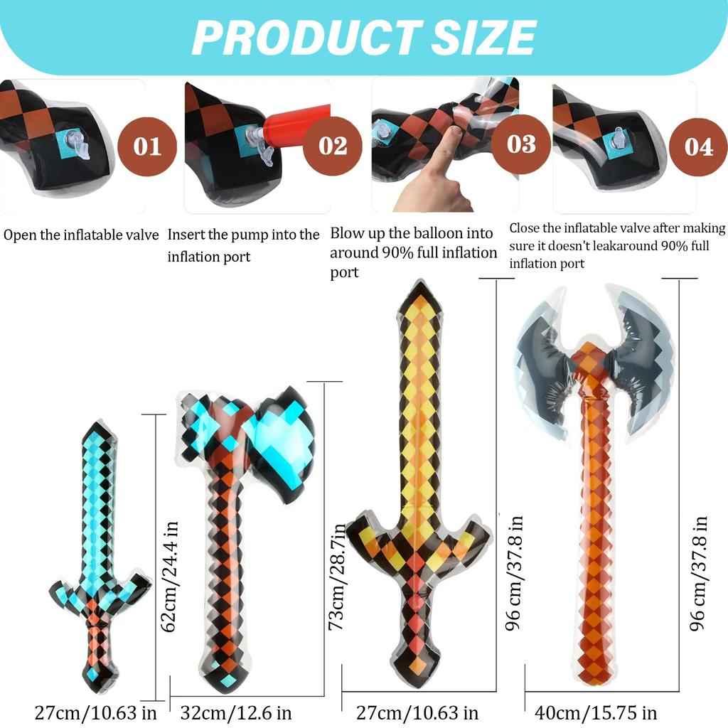 12-72Pcs Inflatable Weapons for Kids Pixel Diamond Swords Inflatable Swords for Theme Party Birthday Halloween Party Cosplay