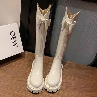 Мода зима 2024 горячая распродажа модные новые однотонные женские сапоги длиной до колена с бабочкой и круглым носком на молнии для женщин