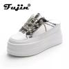 Fujin/туфли-шлепанцы 8 см, кроссовки без шнуровки из микрофибры, кожаные сетчатые блестящие тапочки на платформе, женская летняя обувь, сандалии на танкетке