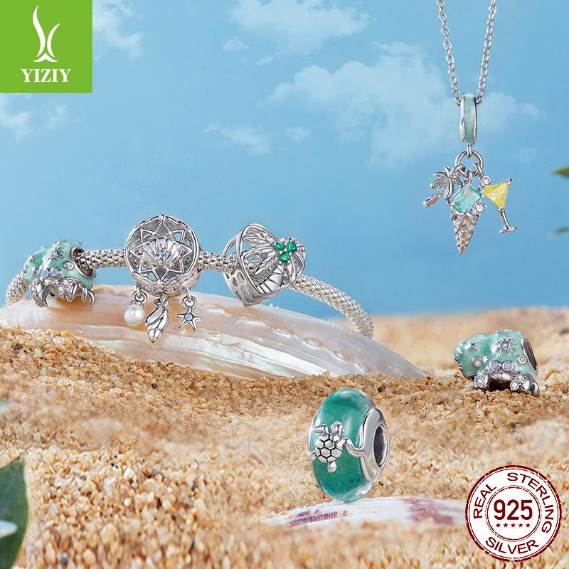 S925 Silver Beach Pendant Cocktail Ocean Style Personality Diy Bracelet Beaded Accessories