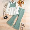 2025 Girls' Autumn Outfit Set Patchwork Fake Two-Piece Top + Stylish Flared Pants 2-Piece