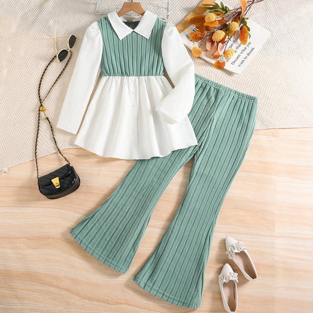 2025 Girls' Autumn Outfit Set Patchwork Fake Two-Piece Top + Stylish Flared Pants 2-Piece