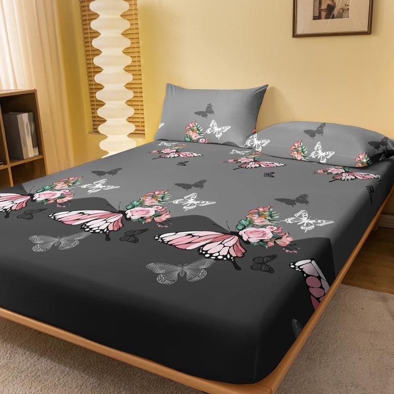 1 Rose Butterfly Patterned Frosted Bedsheet, Printed Bed Cover For Bedroom, Bedding (Excluding Pillowcases)