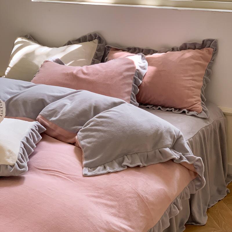 Ins Solid Milk Velvet Four Piece Lace Coral Velvet Quilt Cover Thickened Warm Bed Sheet Flannel Bedding