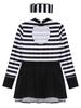 Girl Prisoner Costume 2Pcs Striped Puffy Dress Round Neck Cut Back Long Sleeve Ruffled Tutu Skirt Convict Cap