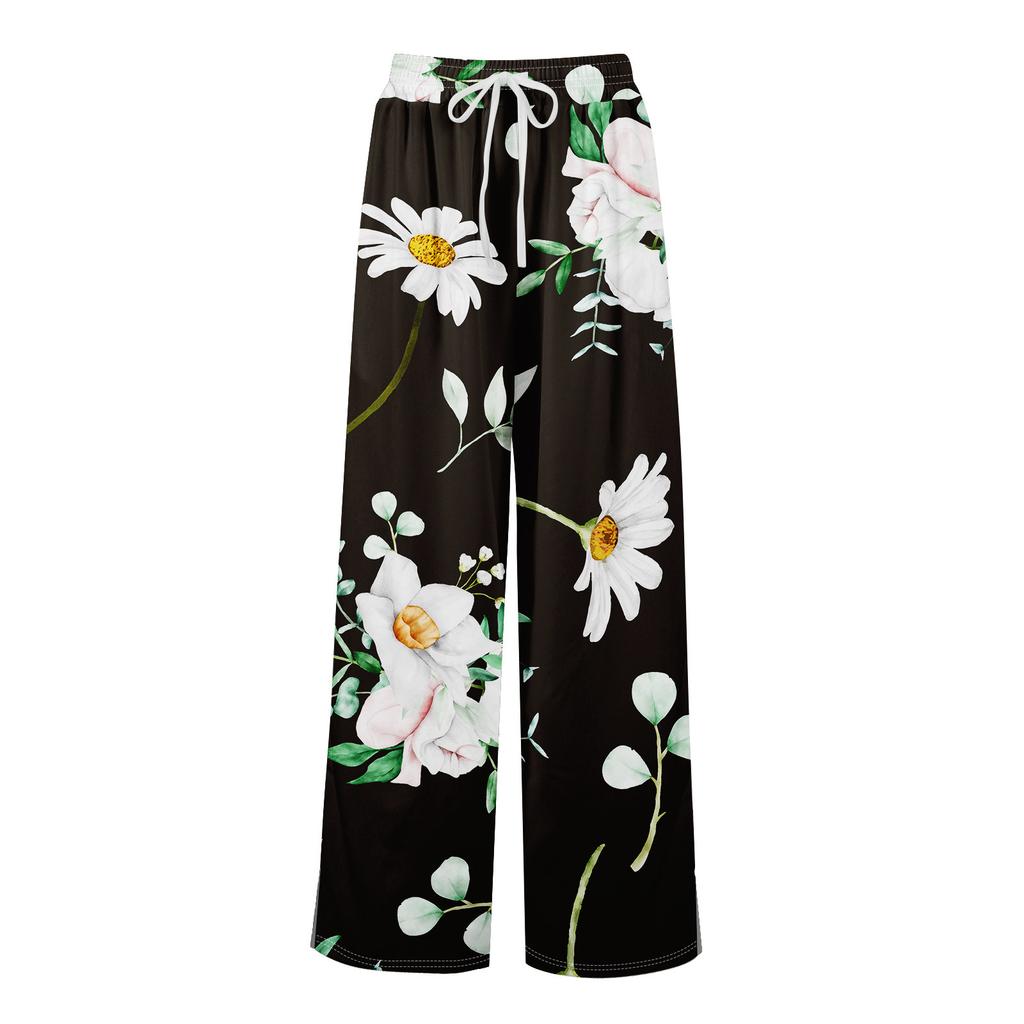 Women Summer Boho Palazzo Pants High Waist Wide Leg Rinting Casual Trousers With Pockets