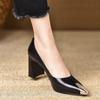 French Metal Pointed Head Shallow Mouth Temperament Thick Heel High Heel Single Shoes Women's 2025 Autumn New One-pedal Comfortable Leather Shoes