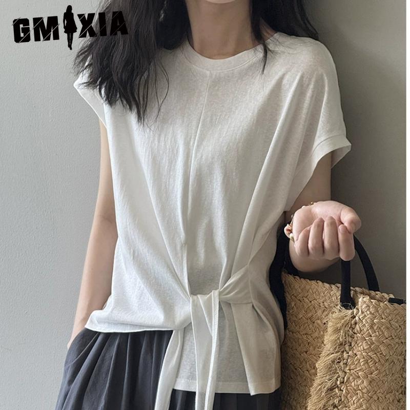 GMXIA Женские модные повседневные однотонные блузки и рубашки с коротким рукавом и круглым вырезом с принтом