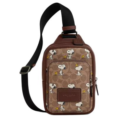 X Peanuts Snoopy Коллаборация Racer 13 Мультяшный Принт Покрытие из Холста и Кожи Мини Сумка на Грудь Мужские сумки Охра CBK47-QBTAM
