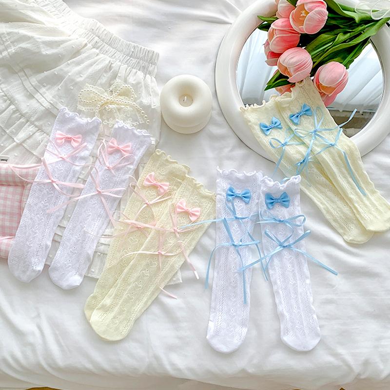 1Pair Lace Stockings Fairyism Sweat Absorption Sweet Middle Cylinder Korean Series Transparent Pile Socks Butterfly Knot
