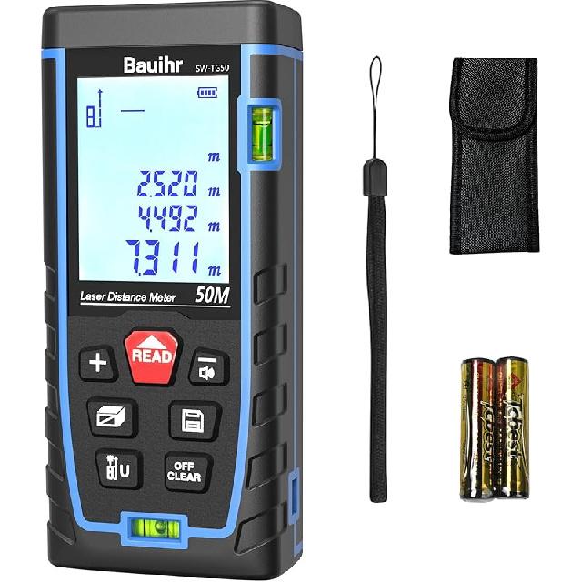 Laser Measure, Bauihr 165ft Laser Distance Meter, Portable Laser Measurement Tool with 2 Bubble Levels, Large Backlit LCD Display, Allowing