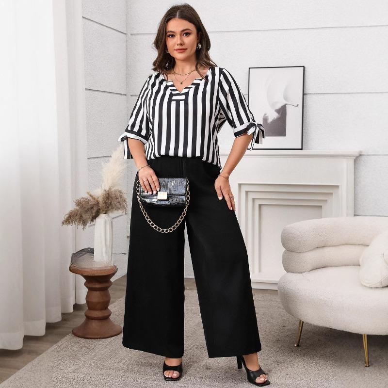 Plus Size Women's New Fashion Loose Casual Striped Top Wide Leg Trouser Suit