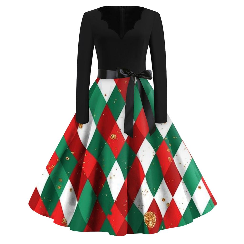 Women's Casual Fashion V Neck Long Sleeve Christmas Printed Vintage Long Dress