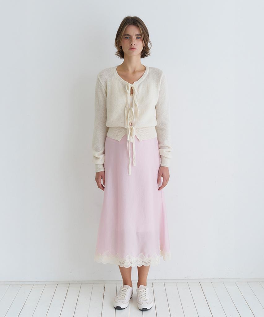 Bember Lace Trim Satin Midi Skirt_Pink