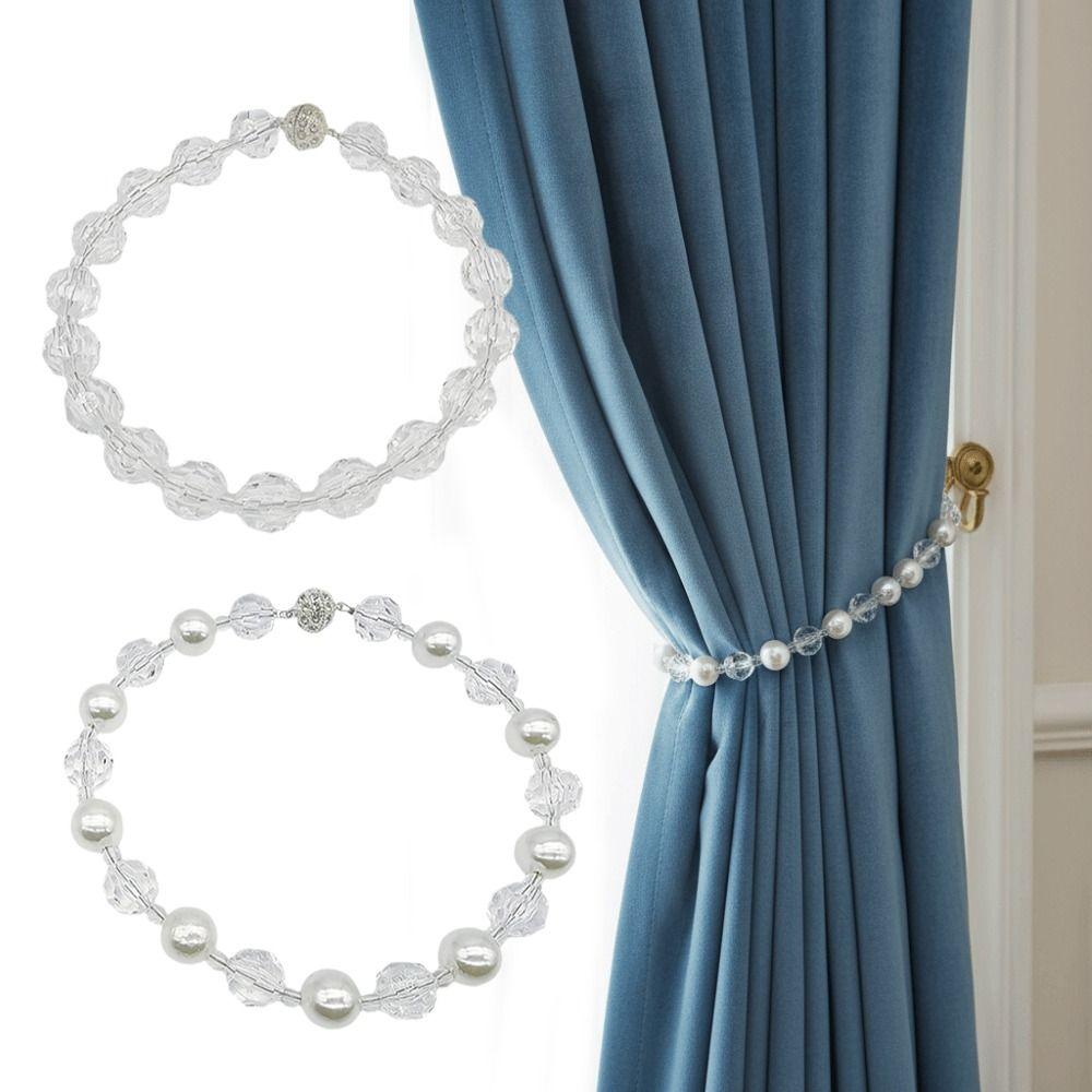 2pcs Stretch Elastic Curtain Buckle Straps Pearl Rhinestone Curtain Rope  for Bedroom Living Room