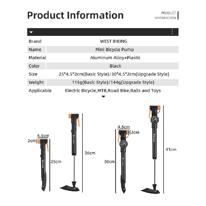 WEST BIKING Portable Bicycle Air Pump With Precise Gauge 120PSI Aluminum Alloy Hand Pump Schrader Presta Valve Tire Inflator