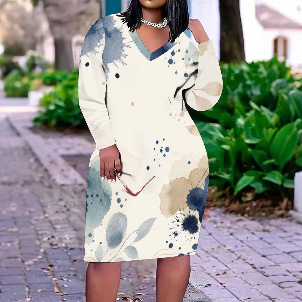 Women Plus Size V Neck Long Sleeve Printed White Fitted Dress