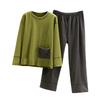 Ladies' Casual And Comfortable Long Sleeved Solid Color With Thick Velvet Sleepwear And Warm Pants Set