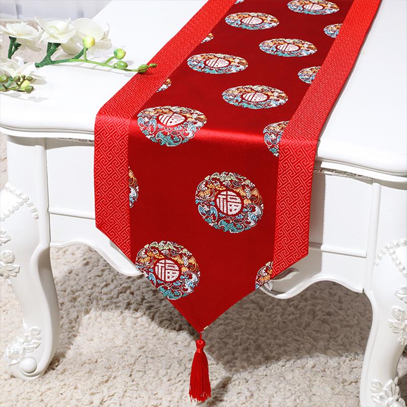 Chinese Silk Dragon Phoenix Floral Table Runner with Tassels and Lace Wedding Decor Centerpiece