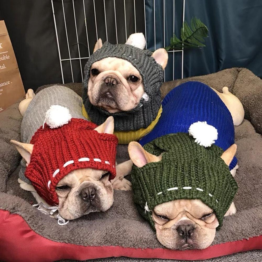Шерстяная зимняя шапка для собак красного/зеленого/серого цвета, рождественские шапки для домашних животных, шапка для щенков с мячом для улицы