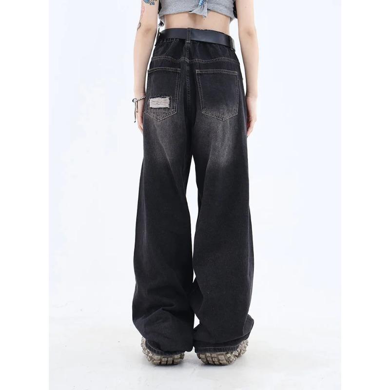 Women's Gothic Black Jeans High Waist Vintage Korean Fashion Y2k Streetwear Ripped Pants Harajuku Casual Wide Leg Denim Trousers