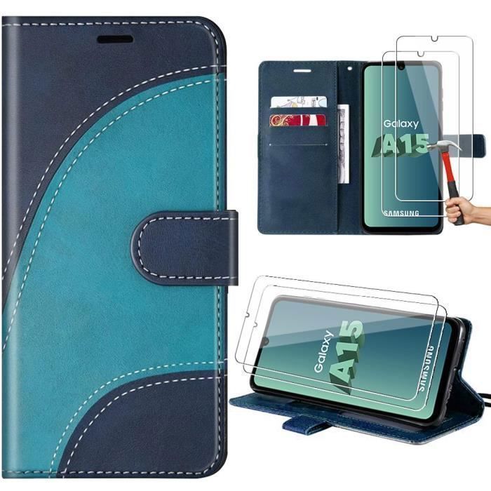 Coque de protection - PROSHOP - pour Samsung Galaxy A15 5G - Antichoc - Cuir PU - Blet et Verre - 2 Verres Trempés