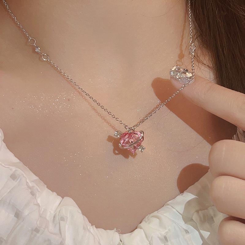 Y2K Trend Pink Planet Heart Zircon Necklaces Women Charm Aesthetic Clavicle Chain Pendent Necklace Party Jewelry Gifts