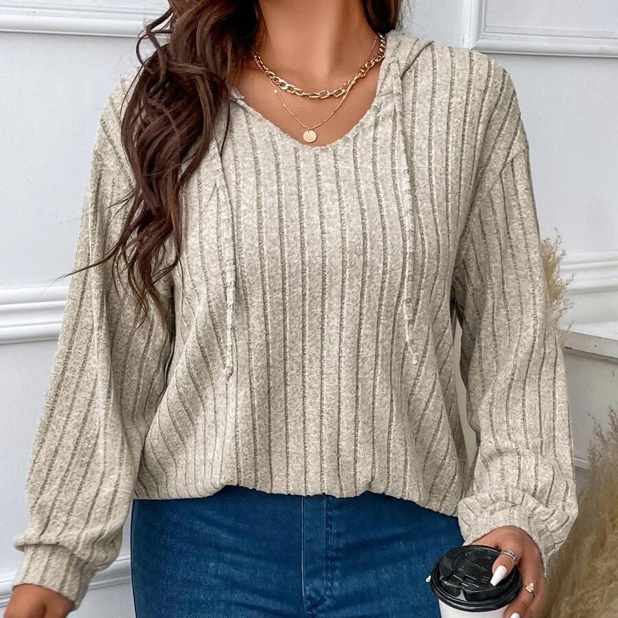 GMXIA Women's Fashion Casual Hooded Pit Stripe Fur T-shirt Solid Color Print Autumn Winter Long Sleeve V-Neck Loose Sweaters